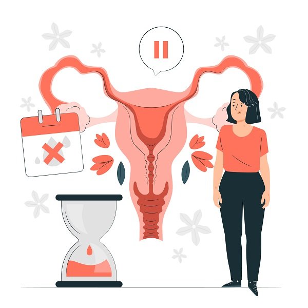 Illustration of a woman standing next to a large uterus with symbols indicating menstrual irregularities, such as a paused symbol, a calendar with a missed period, and an hourglass with decreasing blood levels.