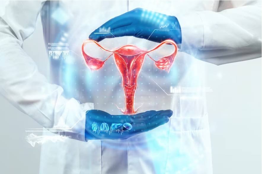 A doctor holding a 3D holographic image of the female reproductive system with blue-gloved hands.