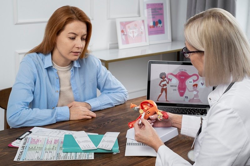 A doctor explaining a medical condition to a woman using a model of the female reproductive system.